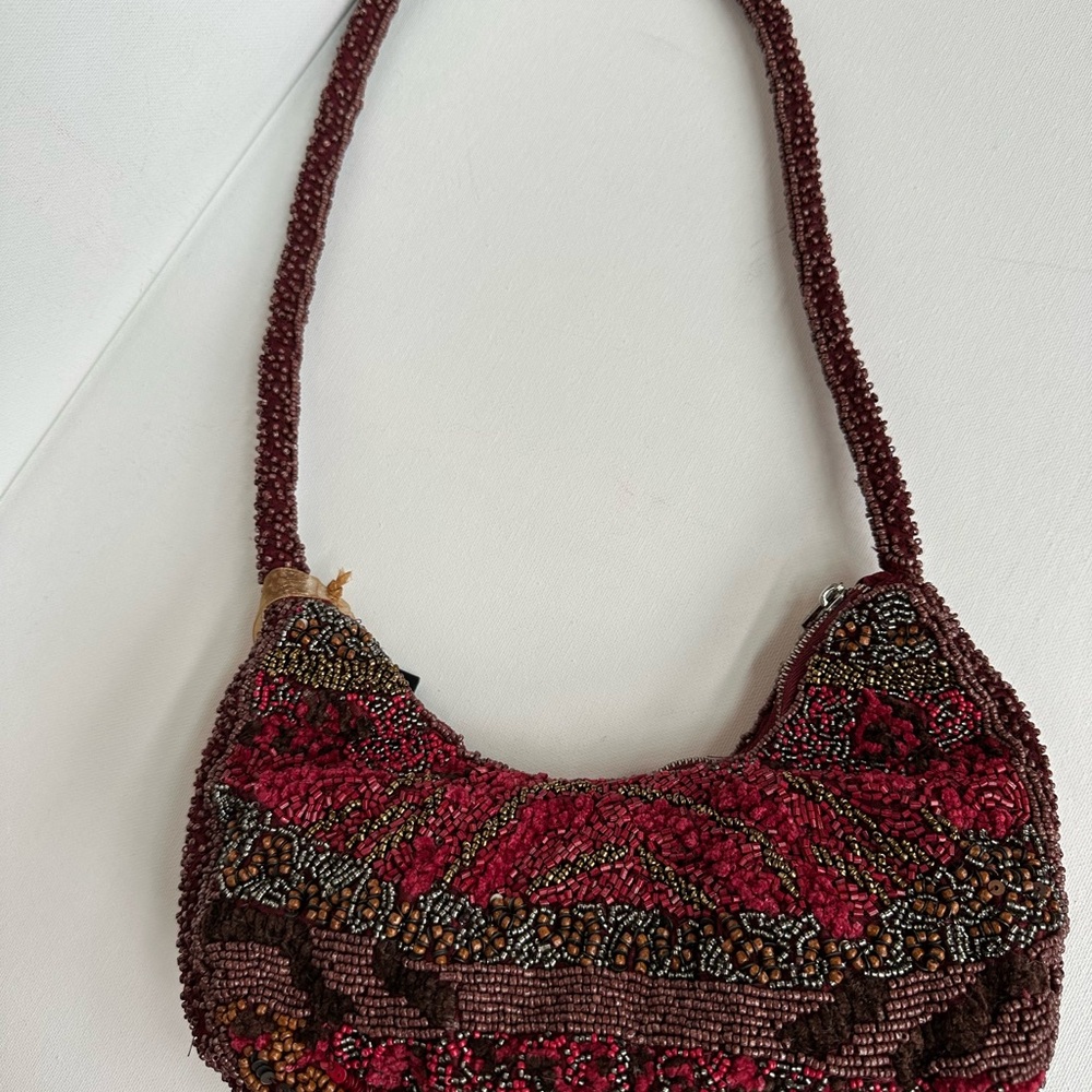 Viral Beaded Shoulder Bag, Burgundy / Brown 
Made In India Collection, NWT